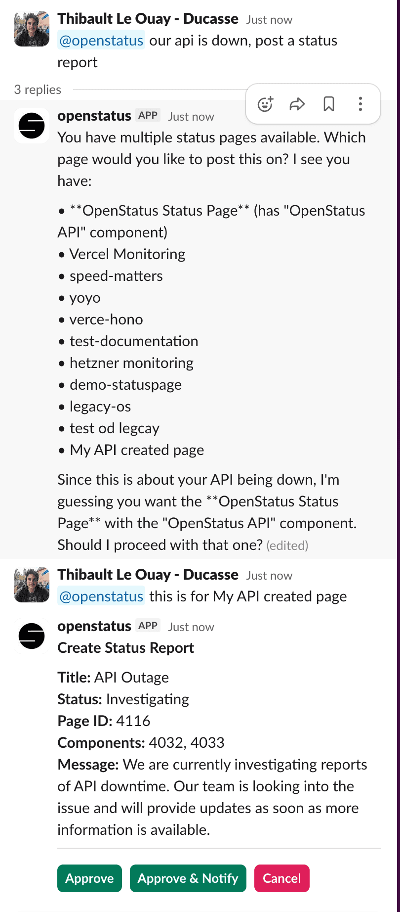 openstatus Slack Agent confirmation card